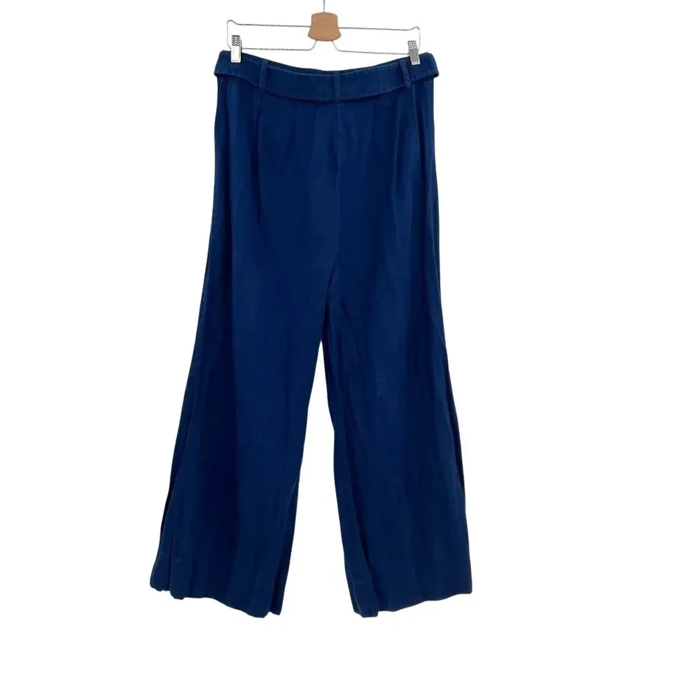 Reformation Ace Linen Pant Wide Leg Trousers Belted Blue‎ Size 8